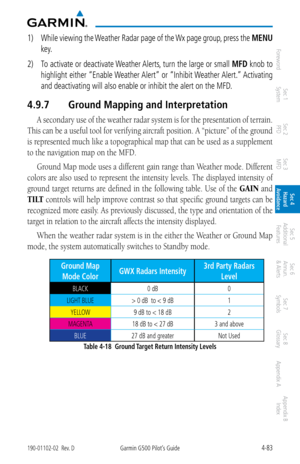 Page 2394-83190-01102-02  Rev. DGarmin G500 Pilot’s Guide
ForewordSec 1 
System Sec 2 
PFD Sec 3 
MFD Sec 4 
Hazard 
Avoidance
Sec 5 
Additional  Features Sec 6 
Annun. 
& Alerts Sec 7 
Symbols Sec 8 
Glossary Appendix A Appendix B 
Index
1)  While viewing the Weather Radar page of the Wx page group, press the  MENU 
key. 
2)  To activate or deactivate Weather Alerts, turn the large or small
 MFD knob to 
highlight either “Enable Weather Alert” or “Inhibit Weather Alert.” Activating 
and deactivating will also...