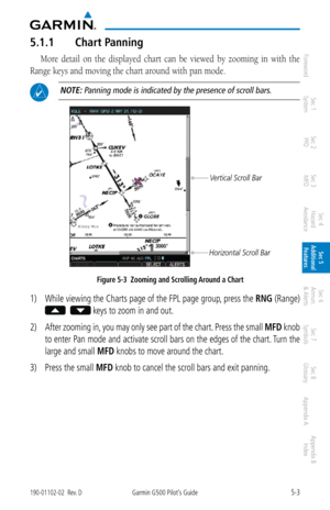 Page 2695-3190-01102-02  Rev. DGarmin G500 Pilot’s Guide
ForewordSec 1 
System Sec 2 
PFD Sec 3 
MFD Sec 4 
Hazard 
Avoidance
Sec 5 
Additional  Features Sec 6 
Annun. 
& Alerts Sec 7 
Symbols Sec 8 
Glossary Appendix A Appendix B 
Index
5.1.1  Chart Panning
More  detail  on  the  displayed  chart  can  be  viewed  by  zooming  in  with  the 
Range keys and moving the chart around with pan mode. 
 NOTE: Panning mode is indicated by the presence of scroll bars . 
Vertical Scroll Bar
Horizontal Scroll Bar
Figure...