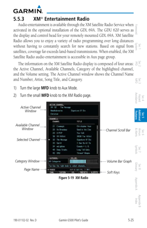 Page 2915-25190-01102-02  Rev. DGarmin G500 Pilot’s Guide
ForewordSec 1 
System Sec 2 
PFD Sec 3 
MFD Sec 4 
Hazard 
Avoidance
Sec 5 
Additional  Features Sec 6 
Annun. 
& Alerts Sec 7 
Symbols Sec 8 
Glossary Appendix A Appendix B 
Index
5.5.3  XM® Entertainment Radio
Audio entertainment is available through the XM Satellite Radio Service when 
activated  in  the  optional  installation  of  the  GDL  69A.  The  GDU  620  serves  as 
the display and control head for your remotely mounted GDL 69A. XM Satellite...