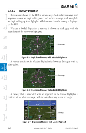 Page 3085-42Garmin G500 Pilot’s Guide190-01102-02  Rev. D
Foreword
Sec 1 
System
Sec 2 
PFD
Sec 3 
MFD
Sec 4 
Hazard 
Avoidance
Sec 5 
Additional  Features
Sec 6 
Annun. 
& Alerts
Sec 7 
Symbols
Sec 8 
Glossary
Appendix A
Appendix B 
Index
5.7.3.5  Runway Depiction
Runways are shown on the PFD in various ways. Soft surface runways, such 
as grass runways, are depicted in green. Hard surface runways, such as asphalt, 
are depicted in gray. Your flightplan will determine how the runway is displayed 
on the PFD....