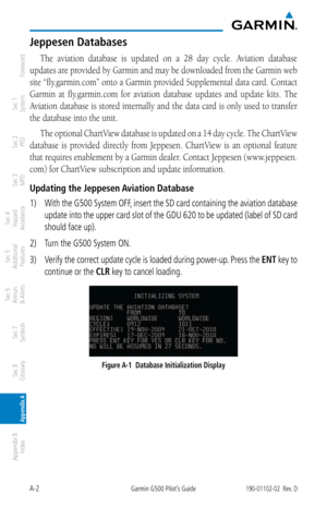 Page 340A-2Garmin G500 Pilot’s Guide190-01102-02  Rev. D
Foreword
Sec 1 
System
Sec 2 
PFD
Sec 3 
MFD
Sec 4 
Hazard 
Avoidance
Sec 5 
Additional  Features
Sec 6 
Annun. 
& Alerts
Sec 7 
Symbols
Sec 8 
Glossary
Appendix A
Appendix B 
Index
Jeppesen Databases
The  aviation  database  is  updated  on  a  28  day  cycle.  Aviation  database 
updates are provided by Garmin and may be downloaded from the Garmin web 
site “fly.garmin.com” onto a Garmin provided Supplemental data card. Contact 
Garmin  at...