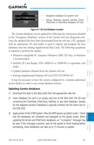 Page 343A-5190-01102-02  Rev. DGarmin G500 Pilot’s Guide
ForewordSec 1 
System Sec 2 
PFD Sec 3 
MFD Sec 4 
Hazard 
Avoidance
Sec 5 
Additional  Features Sec 6 
Annun. 
& Alerts Sec 7 
Symbols Sec 8 
Glossary Appendix A Appendix B 
Index
Navigation Database SD Update Card
Terrain, Obstacles, Airports, SafeTaxi, Charts  (FliteChart or ChartView) Database SD Card
Figure A-4  SD Card Database Location
The Garmin databases can be updated by following the instructions detailed 
in  the  “Navigation  Databases”...