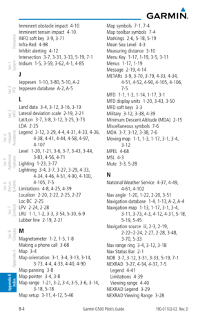 Page 348B-4Garmin G500 Pilot’s Guide190-01102-02  Rev. D
Foreword
Sec 1 
System
Sec 2 
PFD
Sec 3 
MFD
Sec 4 
Hazard 
Avoidance
Sec 5 
Additional  Features
Sec 6 
Annun. 
& Alerts
Sec 7 
Symbols
Sec 8 
Glossary
Appendix A
Appendix B 
Index
Imminent obstacle impact  4-10
Imminent terrain impact  4-10
INFO soft key  3-9,  3-71
Infra-Red  4-98
Inhibit alerting  4-12
Intersection  3-7,  3-31, 3-33, 5-19, 7-1
Iridium  1-5,  3-59, 3-62, 4-1, 4-85
J
Jeppesen  1-10,  3-80, 5-10, A-2
Jeppesen database   A-2, A-5
L
Land...