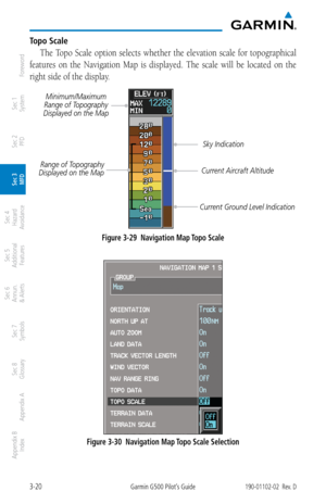 Page 923-20Garmin G500 Pilot’s Guide190-01102-02  Rev. D
Foreword
Sec 1 
System
Sec 2 
PFD
Sec 3 
MFD
Sec 4 
Hazard 
Avoidance
Sec 5 
Additional  Features
Sec 6 
Annun. 
& Alerts
Sec 7 
Symbols
Sec 8 
Glossary
Appendix A
Appendix B 
Index
Topo Scale
The Topo Scale option selects whether the elevation scale for topographical 
features  on  the  Navigation  Map  is  displayed.  The  scale  will  be  located  on  the 
right side of the display. 
Current Aircraft Altitude Sky Indication
Current Ground Level...