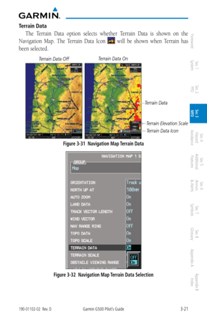 Page 933-21190-01102-02  Rev. DGarmin G500 Pilot’s Guide
ForewordSec 1 
System Sec 2 
PFD Sec 3 
MFD Sec 4 
Hazard 
Avoidance
Sec 5 
Additional  Features Sec 6 
Annun. 
& Alerts Sec 7 
Symbols Sec 8 
Glossary Appendix A Appendix B 
Index
Terrain Data
The  Terrain  Data  option  selects  whether  Terrain  Data  is  shown  on  the 
Navigation  Map.  The  Terrain  Data  Icon 
  will  be  shown  when  Terrain  has 
been selected. 
Terrain Data Off Terrain Data On
Terrain Data
Terrain Data Icon
Terrain Elevation...