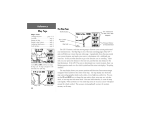 Page 2212
The Map Page
The GPS V features a real-time moving map to illustrate your current position and 
your intended route.  The Map Page is one of the main operating pages of the GPS V 
and you’ll likely use it more than any other page.  It graphically shows the area around 
your current location, and marks your route to a destination with a bold dark gray 
route line.  It tells you what direction to go or the direction you are traveling.  It also 
tells you your speed, the distance to the next turn, and...