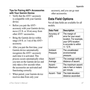 Page 47eTrex Owner’s Manual 47
Appendix
Tips for Pairing ANT+ Accessories 
with Your Garmin Device
• Verify that the ANT+ accessory 
is compatible with your Garmin 
device.
•  Before you pair the ANT+ 
accessory with your Garmin device, 
move (33 ft. or 10 m) away from 
other ANT+ accessories.
•  Bring the Garmin device within 
range (10 ft. or 3 m) of the ANT+ 
accessory.
•  After you pair the first time, your 
Garmin device automatically 
recognizes the ANT+ accessory 
each time it is activated. This 
process...