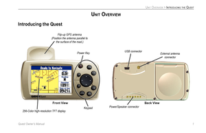 Page 9
Quest Owner’s Manual 1

UNIT OVERVIEW > INTRODUCING THE QUEST
UNIT OVERVIEW
Introducing the Quest
Power/Speaker connector
External antenna 
connector
Back View
USB connectorPower Key
Flip-up GPS antenna
(Position the antenna parallel to 
the surface of the road.)
Keypad256-Color high-resolution TFT display
Front View 