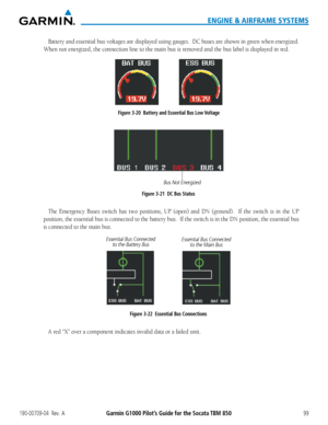 Page 113190-00709-04  Rev.  AGarmin G1000 Pilot’s Guide for the Socata TBM 85099
ENGINE & AIRFRAME SYSTEMS
Battery and essential bus voltages are displayed using gauges.  DC buses are shown in green when energized.  
When not energized, the connection line to the main bus is removed and the bus label is displayed in red.
Figure 3-20  Battery and Essential Bus Low Voltage
Figure 3-21  DC Bus Status
Bus Not Energized
The Emergency Buses switch has two positions, UP (open) and DN (ground).  If the switch is in the...