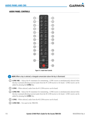Page 124190-00709-04  Rev. AGarmin G1000 Pilot’s Guide for the Socata TBM 850110
AUDIO PANEL AND CNS
AUDIO PANEL CONTROLS
Figure 4-2  Audio Panel Controls
17
18 15 13 119
207
5 3 1
14
2
164
6
8
10
12
22
24 23 21 19
 NOTE: When a key is selected, a triangular annunciator above the key is illuminated.
1  COM1 MIC	–	 Selects	 the	#1	transmitter	 for	transmitting.		 COM1	receive	 is	simultaneously	 selected	when	
this	key	is	pressed	 allowing	 received	audio	from	the	#1	COM	 receiver	 to	be	 heard.		 COM2	receive...