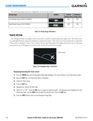 Page 192Garmin G1000 Pilot’s Guide for the Socata TBM 850190-00709-04  Rev. A178
FLIGHT MANAGEMENT
The following range items are configurable on the airways menu:
Airway TypeSymbolDefault 
Range (nm)
Maximum 
Range (nm)
Low Altitude Airway  (LOW ALT AIRWAY)200500
High Altitude Airway  (HI ALT AIRWAY)300500
Table 5-4  Airway Range Information
TRACK VECTOR
The Navigation Map can display a track vector that  is useful in minimiz\
ing track angle error.  The track vector 
is a solid light blue line segment extended...