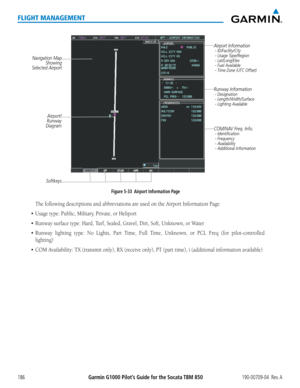 Page 200Garmin G1000 Pilot’s Guide for the Socata TBM 850190-00709-04  Rev. A186
FLIGHT MANAGEMENT
 Figure 5-33  Airport Information Page
Airport/
Runway 
Diagram 
Navigation Map Showing 
Selected Airport
Runway Information
 - Designation
 - Length/Width/Surface
 - Lighting Available
Airport Information - ID/Facility/City
 - Usage Type/Region
 - Lat/Long/Elev
 - Fuel Available
 - Time Zone (UTC Offset)
COM/NAV Freq. Info. - Identification
 - Frequency
 - Availability
 - Additional Information
Softkeys 
The...