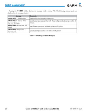 Page 222Garmin G1000 Pilot’s Guide for the Socata TBM 850190-00709-04  Rev. A208
FLIGHT MANAGEMENT
Pressing the PFD MSG Softkey displays the message window on the PFD. The following airspace alerts are 
displayed in the message window:
MessageComments
INSIDE ARSPC – Inside airspace.The aircraft is inside the special use airspace.
ARSPC AHEAD – Airspace ahead – 
less than 10 minutes.
Special use airspace is ahead of aircraft.  The aircraft penetrates the airspace within 10 
minutes.
ARSPC NEAR – Airspace near and...