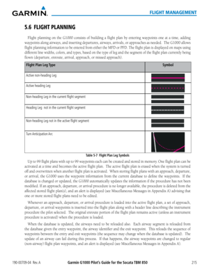 Page 229190-00709-04  Rev. AGarmin G1000 Pilot’s Guide for the Socata TBM 850215
FLIGHT MANAGEMENT
5.6 FLIGHT PLANNING
Flight planning on the G1000 consists of building a flight plan by ent\
ering waypoints one at a time, adding 
waypoints along airways, and inserting departures, airways, arrivals, or approaches as needed.  The G1000 allows 
flight planning information to be entered from either the MFD or PFD. The flight plan is displayed on maps using 
different line widths, colors, and types, based on the type...