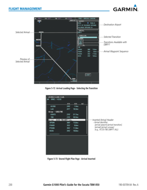 Page 244Garmin G1000 Pilot’s Guide for the Socata TBM 850190-00709-04  Rev. A230
FLIGHT MANAGEMENT
Figure 5-72  Arrival Loading Page - Selecting the Transition
Destination Airport
Selected Arrival
Transitions Available with 
DBRY1
Arrival Waypoint Sequence
Preview of 
Selected Arrival
Selected Transition
Figure 5-73  Stored Flight Plan Page - Arrival Inserted Inserted Arrival Header
 - Arrival Identifier: 
    [arrival airport]-[arrival transition].
    [arrival].[arrival runway]
    (e.g., KCOS-TBE.DBRY1.ALL)  