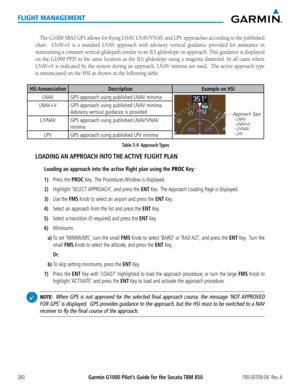 Page 274Garmin G1000 Pilot’s Guide for the Socata TBM 850190-00709-04  Rev. A260
FLIGHT MANAGEMENT
The G1000 SBAS GPS allows for flying LNAV, LNAV/VNAV, and LPV approaches according to the published 
chart.  LNAV+V is a standard LNAV approach with advisory vertical guidance provided for assistance in 
maintaining a constant vertical glidepath similar to an ILS glideslope o\
n approach. This guidance is displayed 
on the G1000 PFD in the same location as the ILS glideslope using a mage\
nta diamond. In all cases...
