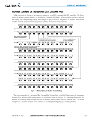 Page 327190-00709-04  Rev. AGarmin G1000 Pilot’s Guide for the Socata TBM 850313
HAZARD AVOIDANCE
WEATHER SOFTKEYS ON THE WEATHER DATA LINK (XM) PAGE
Softkeys	control	the	display	 of	weather	 information	 on	most	 MFD	 pages	 and	the	PFD	 Inset	 Map	(The	 figure	
shows	 the	weather	 product	softkeys	 for	the	 Weather	 Data	Link	 (XM)	 Page).		 When	a	weather	 product	is	selected	
for	 display,	 the	corresponding	 softkey	label	changes	 to	gray	 to	indicate	 the	product	 is	enabled.	 	 Unavailable	
weather...