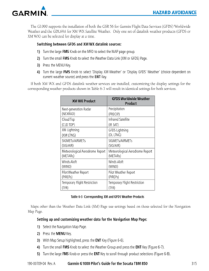 Page 329190-00709-04  Rev. AGarmin G1000 Pilot’s Guide for the Socata TBM 850315
HAZARD AVOIDANCE
The	G1000	 supports	 the	installation	 of	both	 the	GSR	 56	for	 Garmin	 Flight	Data	Services	 (GFDS)	Worldwide	
Weather	 and	the	GDL69A	 for	XM	 WX	 Satellite	 Weather.		 Only	one	set	of	datalink	 weather	products	 (GFDS	or	
XM	WX)	can	be	selected	for	display	at	a	time.
Switching between GFDS and XM WX datalink sources:
1) Turn the large FMS Knob on the MFD to select the MAP page group.
2) Turn the small FMS Knob...