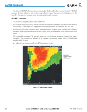 Page 334Garmin G1000 Pilot’s Guide for the Socata TBM 850190-00709-04  Rev. A320
HAZARD AVOIDANCE
The	different	 NEXRAD	 echo	intensities	 are	measured	 in	decibels	 (dB)	relative	 to	reflectivity	 (Z).		NEXRAD	
measures	 the	radar	 reflectivity	 ratio,	or	the	 energy	 reflected	 back	to	the	 radar	 receiver	 (designated	 by	the	
letter	Z).		The	value	of	Z	increases	as	the	returned	signal	strength	increases.
neXRaD limitatiOns
NEXRAD	radar	images	may	have	certain	limitations:
•	 NEXRAD	 base	reflectivity	 does...