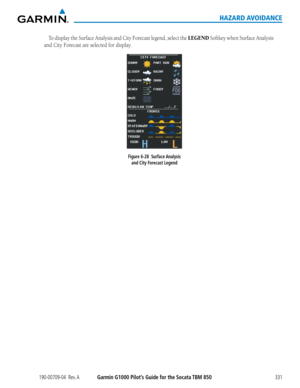 Page 345190-00709-04  Rev. AGarmin G1000 Pilot’s Guide for the Socata TBM 850331
HAZARD AVOIDANCE
To	display	 the	Surface	 Analysis	 and	City	 Forecast	 legend,	select	the	LEGEND	Softkey	 when	Surface	 Analysis	
and	City	Forecast	are	selected for display.
Figure 6-28  Surface Analysis
and City Forecast Legend  