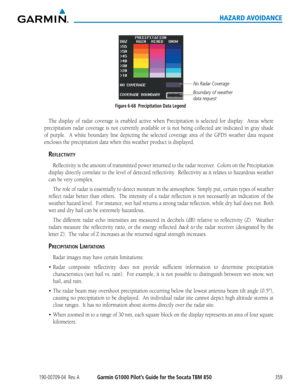 Page 373190-00709-04  Rev. AGarmin G1000 Pilot’s Guide for the Socata TBM 850359
HAZARD AVOIDANCE
No Radar Coverage
Figure 6-68  Precipitation Data Legend
Boundary of weather 
data request
The	 display	 of	radar	 coverage	 is	enabled	 active	when	Precipitation	 is	selected	 for	display.	 	 Areas	where	
precipitation	 radar	coverage	 is	not	 currently	 available	or	is	not	 being	 collected	 are	indicated	 in	gray	 shade	
of	purple.	 	 A	white	 boundary	 line	depicting	 the	selected	 coverage	 area	of	the	 GFDS...