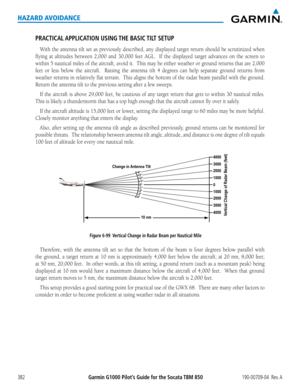 Page 396Garmin G1000 Pilot’s Guide for the Socata TBM 850190-00709-04  Rev. A382
HAZARD AVOIDANCE
PRACTICAL APPLICATION  USING THE  BASIC TILT  SETUP
With	the	antenna	 tilt	set	as	previously	 described,	any	displayed	 target	return	 should	 be	scrutinized	 when	
flying	at	altitudes	 between	2,000	and	30,000	 feet	AGL.	 	 If	the	 displayed	 target	advances	 on	the	 screen	 to	
within	5	nautical	 miles	of	the	 aircraft,	 avoid	it.		This	 may	be	either	 weather	 or	ground	 returns	that	are	2,000	
feet	 or	less...