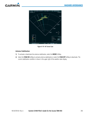 Page 407190-00709-04  Rev. AGarmin G1000 Pilot’s Guide for the Socata TBM 850393
HAZARD AVOIDANCE
Figure 6-110  40˚ Sector Scan
Antenna Stabilization:
1) To activate or deactivate the antenna stabilization, select the MODE Softkey.
2) Select the STAB ON Softkey to activate antenna stabilization or select the STAB OFF Softkey to deactivate.  The 
current stabilization condition is shown in the upper right of the weath\
er radar display.  