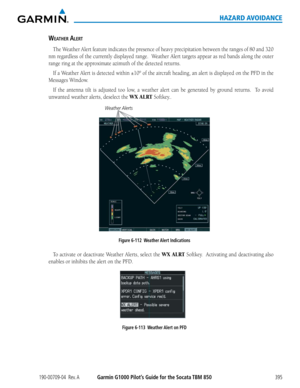 Page 409190-00709-04  Rev. AGarmin G1000 Pilot’s Guide for the Socata TBM 850395
HAZARD AVOIDANCE
WeatheR aleR t
The	 Weather	 Alert	feature	 indicates	 the	presence	 of	heavy	 precipitation	 between	the	ranges	 of	80	 and	 320	
nm	regardless	 of	the	 currently	 displayed	 range.		Weather	 Alert	targets	 appear	 as	red	 bands	 along	the	outer	
range	ring	at	the	approximate	azimuth	of	the	detected	returns.
If	a	Weather	 Alert	is	detected	 within	±10°	of	the	 aircraft	 heading,	 an	alert	 is	displayed	 on	the	 PFD...