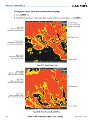 Page 422Garmin G1000 Pilot’s Guide for the Socata TBM 850190-00709-04  Rev. A408
HAZARD AVOIDANCE
Showing/hiding aviation information on the Terrain Proximity Page:
1) Press the MENU Key.
2) Select ‘Show Aviation Data’ or ‘Hide Aviation Data’ (choice dependent on current state) and press the ENT Key.
Figure 6-125  Terrain Proximity Page
Yellow Terrain  
(Between 100’ and 1000’ 
Below the Aircraft Altitude)
Red Terrain 
(Above or Within 100’  
Below the Aircraft Altitude)
Black Terrain 
(More than 1000’ Below...