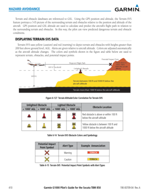 Page 424Garmin G1000 Pilot’s Guide for the Socata TBM 850190-00709-04  Rev. A410
HAZARD AVOIDANCE
Terrain	and	obstacle	 databases	 are	referenced	 to	GSL.	 	 Using	 the	GPS	 position	 and	altitude,	 the	Terrain-SVS	
feature	portrays	a	3-D	picture	of	the	surrounding	terrain	and	obstacles	relative	to	the	position	and	altitude	of	the	
aircraft.	 	 GPS	position	 and	GSL	 altitude	 are	used	 to	calculate	 and	predict	 the	aircraft’s	 flight	path	in	relation	 to	
the	surrounding	 terrain	and	obstacles.		 In	this	 way,...