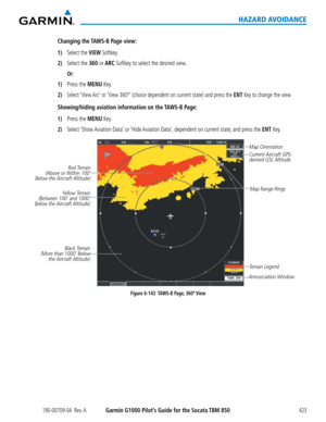 Page 437190-00709-04  Rev. AGarmin G1000 Pilot’s Guide for the Socata TBM 850423
HAZARD AVOIDANCE
Changing the TAWS-B Page view:
1) Select the VIEW Softkey.
2) Select the 360 or ARC Softkey to select the desired view.
 Or: 
1) Press the MENU Key.
2) Select ‘View Arc’ or ‘View 360º’ (choice dependent on current state) and press the ENT Key to change the view
Showing/hiding aviation information on the TAWS-B Page:
1) Press the MENU Key.
2) Select ‘Show Aviation Data’ or ‘Hide Aviation Data’, dependent on current...