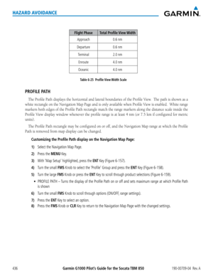 Page 450Garmin G1000 Pilot’s Guide for the Socata TBM 850190-00709-04  Rev. A436
HAZARD AVOIDANCE
  
Flight PhaseTotal  Profile View Width
Approach0.6 nm
Departure0.6 nm
Terminal2.0 nm
Enroute4.0 nm
Oceanic4.0 nm
Table 6-25  Profile View Width Scale
PROFILE PATH
The	Profile	 Path	displays	 the	horizontal	 and	lateral	 boundaries	 of	the	 Profile	 View.		The	path	 is	shown	 as	a	
white	 rectangle	 on	the	 Navigation	 Map	Page	 and	is	only	 available	 when	Profile	 View	is	enabled.		 White	range	
markers	 both...