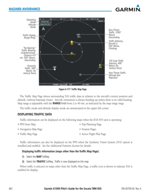 Page 476Garmin G1000 Pilot’s Guide for the Socata TBM 850190-00709-04  Rev. A462
HAZARD AVOIDANCE
Figure 6-177  Traffic Map Page
Operating 
Mode
Altitude  Mode
Traffic Advisory, 
Aircraft is 
500’ Below, 
ClimbingOff Scale Traffic 
Advisory, 400’ 
Below, No 
Vertical Trend
“No Bearing” 
Traffic (Bearing 
Undetermined),  Distance 4.0 
nm, 500’ Above,  Descending 
Proximity 
Traffic, 900’  Above, No 
Vertical Trend
Traffic Display 
Range Rings Non-Threat 
Traffic, 2500’ 
Above, 
Descending
Non-Threat Traffic,...