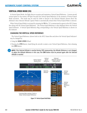 Page 494Garmin G1000 Pilot’s Guide for the Socata TBM 850190-00709-04  Rev. A480
AUTOMATIC FLIGHT CONTROL SYSTEM
VERTICAL SPEED MODE (VS)
In	Vertical	 Speed	Mode,	 the	flight	 director	 acquires	 and	maintains	 a	Vertical	 Speed	Reference.		 Current	aircraft	
vertical speed (to the nearest 100 fpm) becomes the Vertical Speed Reference at the moment of Vertical Speed 
Mode activation.  This mode may be used for climb or descent to the Selected Altitude (shown above the 
Altimeter) since Selected Altitude Capture...