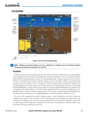 Page 537Garmin G1000 Pilot’s Guide for the Socata TBM 850190-00709-04  Rev. A523
ADDITIONAL FEATURES
SVS FEATURES
Figure 8-3  SVS on the Primary Flight Display
SVS SoftkeysSynthetic 
Terrain Pathways
Flight 
Path 
Marker
Airport 
Runway 
Zero 
Pitch Line 
(ZPL) with 
Compass 
Heading 
MarksTraffic
Airplane  Symbol
Selected 
Altitude
  NOTE:  Pathways and terrain features are not a substitute for standard course and al\
titude deviation 
information provided by the altimeter, CDI, and VDI.
PATHWAYS
Pathways...