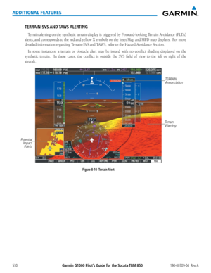 Page 544Garmin G1000 Pilot’s Guide for the Socata TBM 850190-00709-04  Rev. A530
ADDITIONAL FEATURES
TERRAIN-SVS AND TAWS ALERTING
Terrain	alerting	 on	the	 synthetic	 terrain	display	 is	triggered	 by	Forward-looking	 Terrain	Avoidance	 (FLTA)	
alerts,	and	corresponds	 to	the	 red	 and	 yellow	 X	symbols	 on	the	 Inset	 Map	and	MFD	 map	displays.		 For	more	
detailed	information	regarding	Terrain-SVS	and	TAWS,	refer	to	the	Hazard	Avoidance	Section.
In	some	 instances,	 a	terrain	 or	obstacle	 alert	may	be...