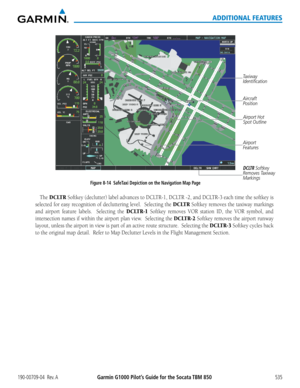 Page 549Garmin G1000 Pilot’s Guide for the Socata TBM 850190-00709-04  Rev. A535
ADDITIONAL FEATURES
Figure 8-14  SafeTaxi Depiction on the Navigation Map Page
DCLTR Softkey 
Removes Taxiway 
Markings
Airport 
Features
Aircraft 
Position 
Taxiway 
Identification
Airport Hot 
Spot Outline
The DCLTR	
Softkey	 (declutter)	 label	advances	 to	DCLTR-1,	 DCLTR	-2,	and	 DCLTR-3	 each	time	the	softkey	 is	
selected	 for	easy	 recognition	 of	decluttering	 level.		Selecting	 the	DCLTR	Softkey	 removes	 the	taxiway...