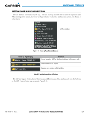 Page 551Garmin G1000 Pilot’s Guide for the Socata TBM 850190-00709-04  Rev. A537
ADDITIONAL FEATURES
SAFETAXI CYCLE NUMBER AND REVISION
SafeTaxi	database	 is	revised	 every	56	days.	 	SafeTaxi	 is	always	 available	 for	use	 after	 the	expiration	 date.		
When	turning	 on	the	 system,	 the	Power-up	 Page	indicates	 whether	the	databases	 are	current,	 out	of	date,	 or	
not	available.
Figure 8-17  Power-up Page, SafeTaxi Database
SafeTaxi Database
Power-up Page DisplayDefinition
Normal operation.  SafeTaxi...
