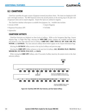 Page 554Garmin G1000 Pilot’s Guide for the Socata TBM 850190-00709-04  Rev. A540
ADDITIONAL FEATURES
8.3 CHARTVIEW
ChartView	resembles	the	paper	 version	 of	Jeppesen	 terminal	procedures	 charts.		The	charts	 are	displayed	 in	full	
color	 with	high-resolution.		 The	MFD	 depiction	 shows	the	aircraft	 position	 on	the	 moving	 map	in	the	 plan	 view	
of	approach	charts	and	on	airport	diagrams.		Airport	Hot	Spots	are	outlined	in	magenta.
The	ChartView	database	subscription	is	available	from	Jeppesen,	Inc....