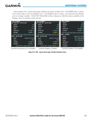 Page 573Garmin G1000 Pilot’s Guide for the Socata TBM 850190-00709-04  Rev. A559
ADDITIONAL FEATURES
Other	possible	AUX	-	System	 Status	page	conditions	 are	shown	 in	Figure	 8-47.		The	EXPIRES	 date,	in	yellow,	
is	the	 revision	 date	for	the	 next	 database	 cycle.	 	The	DISABLES	 date,	in	yellow,	 is	the	 date	 that	this	database	
cycle	 is	no	 longer	 viewable.		 CYCLE	NOT	AVAILABLE	 in	blue,	 indicates	 no	ChartView	 data	is	available	 on	the	
database	card	or	no	database	card	is	inserted.
Figure 8-47  AUX...