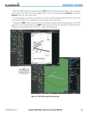 Page 577Garmin G1000 Pilot’s Guide for the Socata TBM 850190-00709-04  Rev. A563
ADDITIONAL FEATURES
While	the	APPROACH	 Box	is	selected	 using	the	FMS	Knob,	 the	G1000	 softkeys	 are	blank.		 Once	the	desired	
chart	 is	selected,	 the	chart	 scale	can	be	changed	 and	the	chart	 can	be	panned	 using	the	Joystick.		Pressing	 the	
Joystick	centers	the	chart	on	the	screen.
The	aircraft	 symbol	 is	not	 shown	 on	FliteCharts.		 The	Chart	 Scale	Box	displays	 a	banner	 NOT	TO	SCALE,	 and	
the	Aircraft	Not	Shown	Icon...