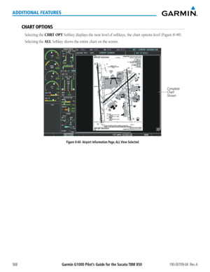 Page 582Garmin G1000 Pilot’s Guide for the Socata TBM 850190-00709-04  Rev. A568
ADDITIONAL FEATURES
CHART OPTIONS
Selecting the CHRT OPT Softkey	displays	the	next	level	of	softkeys,	the	chart	options	level	(Figure	8-48).
Selecting the ALL Softkey	shows	the	entire	chart	on	the	screen.
Complete 
Chart 
Shown
Figure 8-60  Airport Information Page, ALL View Selected  