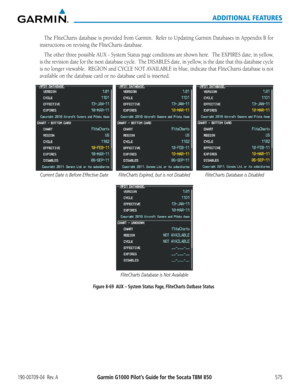Page 589Garmin G1000 Pilot’s Guide for the Socata TBM 850190-00709-04  Rev. A575
ADDITIONAL FEATURES
The	FliteCharts	 database	is	provided	 from	Garmin.		 Refer	to	Updating	 Garmin	Databases	 in	Appendix	B	 for	
instructions	on	revising	the	FliteCharts	database.
The	other	 three	possible	AUX	-	System	 Status	page	conditions	 are	shown	 here.		The	EXPIRES	 date,	in	yellow,	
is	the	 revision	 date	for	the	 next	 database	 cycle.		The	DISABLES	 date,	in	yellow,	 is	the	 date	 that	this	database	 cycle	
is	no...