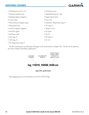 Page 604Garmin G1000 Pilot’s Guide for the Socata TBM 850190-00709-04  Rev. A590
ADDITIONAL FEATURES
•	 VDI	Deflection	(0.0	to	1.0)
•	 Normal	Acceleration	(g)
•	 Heading	(degrees	magnetic)
•	 Course	(deg)
•	 Wind	Direction	(degrees	mag.)
•	 Wind	Speed	(kts)
•	 Gnd	Trk	(degrees	magnetic)
•	 Fuel	Flow	(gph)
•	 Fuel	Press.	(psi)
•	 EGT	(deg.	F)
•	 CHT	(deg.	F)
•	 Oil	Temperature	(deg.	F)
•	 Oil	Pressure	(psi)
•	 Manifold	Pressure	(in.	Hg.)
•	 Engine	Speed	(rpm)
•	 Power	(%)
•	 Carburetor	Temperature	(deg.	F)
•	 TIT...