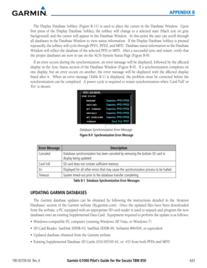 Page 657190-00709-04  Rev. AGarmin G1000 Pilot’s Guide for the Socata TBM 850 643
APPENDIX B
The	Display	 Database	 Softkey	(Figure	B-11)	is	used	 to	place	 the	cursor	 in	the	 Database	 Window.	 	 Upon	
first	press	 of	the	 Display	 Database	 Softkey,	the	softkey	 will	change	 to	a	selected	 state	(black	 text	on	gray	
background)	 and	the	cursor	 will	appear	 in	the	 Database	 Window.		 At	this	 point	 the	user	 can	scroll	 through	
all	databases	 in	the	 Database	 Window	to	view	 status	 information.		 If	the...