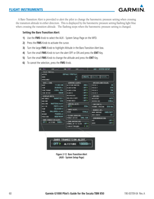 Page 74Garmin G1000 Pilot’s Guide for the Socata TBM 850190-00709-04  Rev. A60
FLIGHT INSTRUMENTS
A	Baro	 Transition	 Alert	is	provided	 to	alert	 the	pilot	 to	change	 the	barometric	 pressure	setting	when	crossing	
the transition altitude in either direction.  This is displayed by the barometric pressure setting flashing light blue 
when crossing the transition altitude.  The flashing stops when the barometric pressure setting is changed.
Setting  the  Baro Transition Alert:
1) Use the FMS Knob to select the...