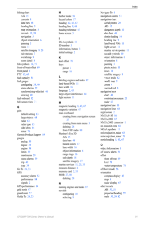 Page 95Index
GPSMAP 700 Series Owner’s Manual  91
fishing chart
AIS  15
currents  8
data bars  48
heading line  9
map orientation  8
navaids  10, 20
navigation  5
object information  6
panning  5
roses  11
satellite imagery  9, 20
tide stations  7
world map  9
zoom detail  8
fish symbols  19, 75
front-of-boat offset  69
front panel  1
FTC  63, 65
fuel capacity  51
fuel gauges configuring  38, 40
status alarms  39
synchronizing with fuel  40
viewing  40
fuel onboard  52
full-screen view  71
G
gain default...