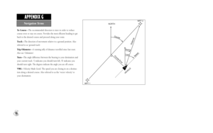 Page 94To Course—The recommended direction to steer in order to reduce
course error or stay on course. Provides the most efficient heading to get
back to the desired course and proceed along your route.
Track—The direction of movement relative to a ground position. Also
referred to as ‘ground track’.
Trip Odometer—A running tally of distance travelled since last reset.
Also see ‘Odometer’.
Tu r n—The angle difference between the bearing to your destination and
your current track. ‘L’ indicates you should turn...