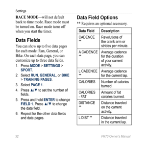 Page 3432 FR70 Owner’s Manual
Settings
raCE MODE—will not default 
back to time mode. Race mode must 
be turned on. Race mode turns off 
when you start the timer.
Data Fields
You can show up to five data pages 
for each mode: Run, General, or 
Bike. On each data page, you can 
customize up to three data fields.
1. Press MODE > SETTINGS > 
SPORT. 
2.  Select RUN, GENERAL, or BIKE 
> TRAINING PAGES. 
3.  Select PAGE 1.
4.  Press ▲/▼ to set the number of 
fields.
5.  Press and hold ENTER to change 
FIELD 1. Press...