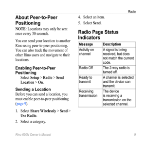 Page 13Radio
Rino 650N Owner’s Manual  9
About Peer-to-Peer 
Positioning
Note: Locations may only be sent 
once every 30 seconds.
You can send your location to another 
Rino using peer-to-peer positioning. 
You can also track the movement of 
other Rino users and navigate to their 
locations. 
Enabling Peer-to-Peer 
Positioning
Select Setup > Radio > Send 
Location > on.
Sending a Location
Before you can send a location, you 
must enable peer-to-peer positioning 
(page 9).
1.  Select  Share Wirelessly > Send >...